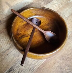 Rich Brown Wooden Dining Bowl with Matching Utensils